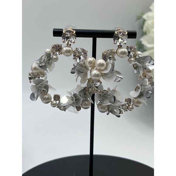 J. Crew White Pearl, Crystal, Sequin Hoop Statement DoorKnocker Earrings Bridal - Picture 3 of 12